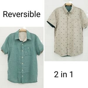 Hollister Reversible Beige Geometric Or Green Striped Button Down Shirt Sz M